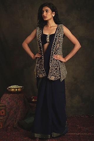 sapphire blue saree set with hand embroidered jacket