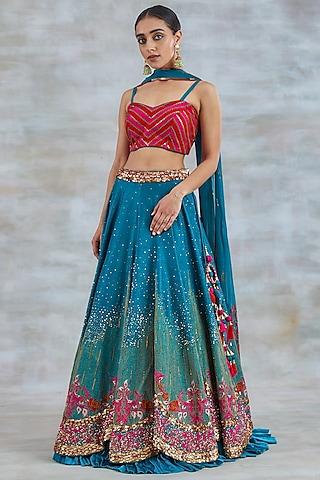 sapphire blue silk hand embroidered lehenga set