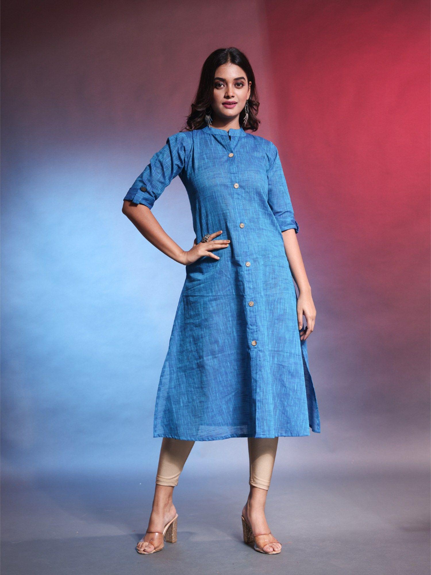 sapphire blue solid cotton a-line kurta