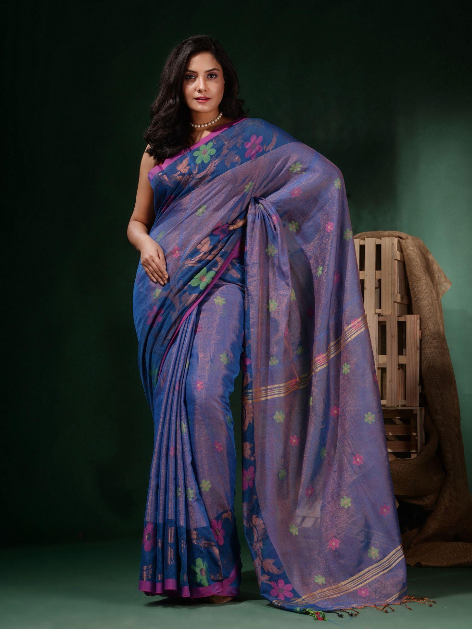 sapphire blue tissue handwoven soft floral designs saree with unstitched blouse