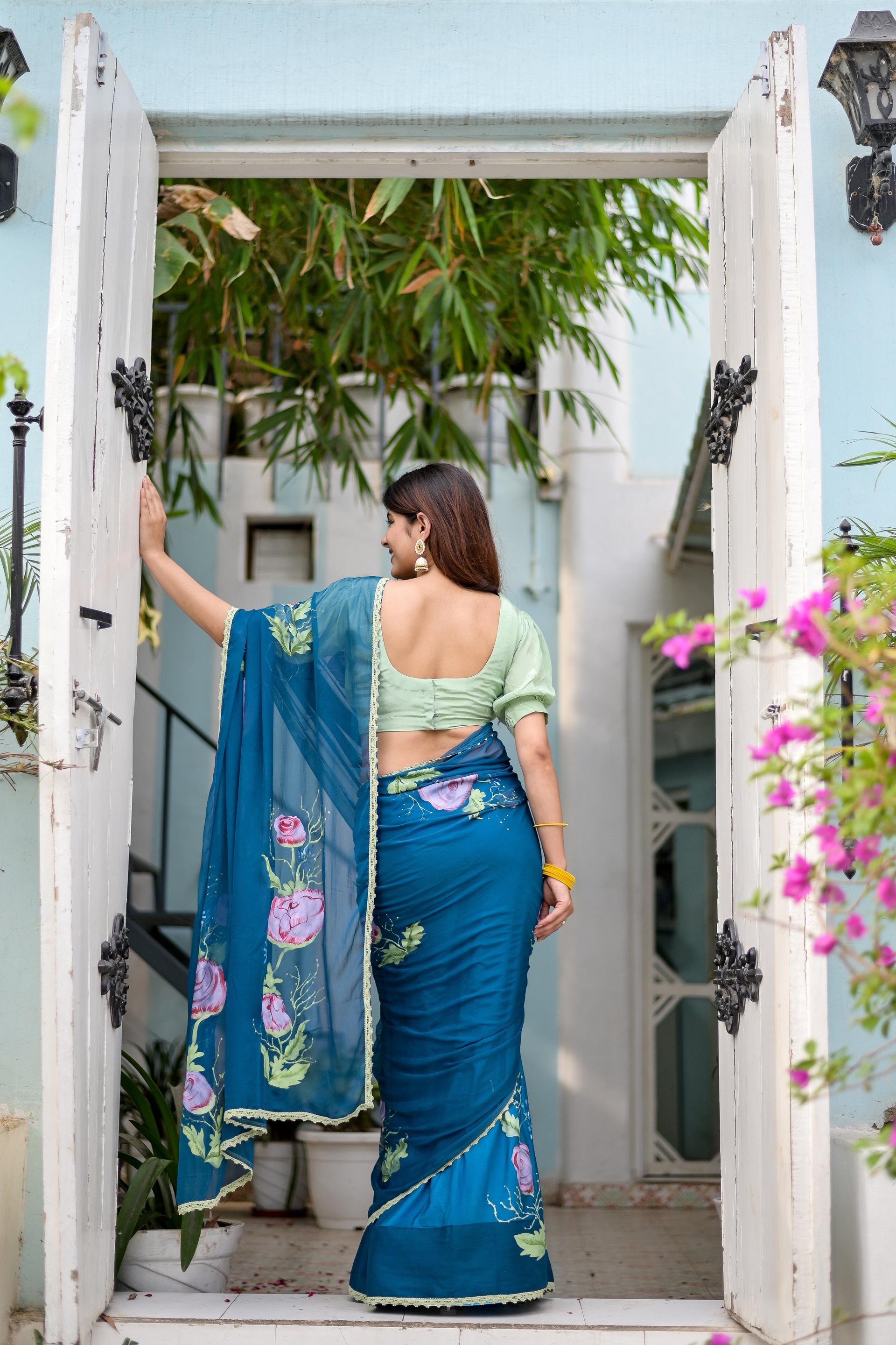 sapphire serenade (handpainted chiffon saree in blue)