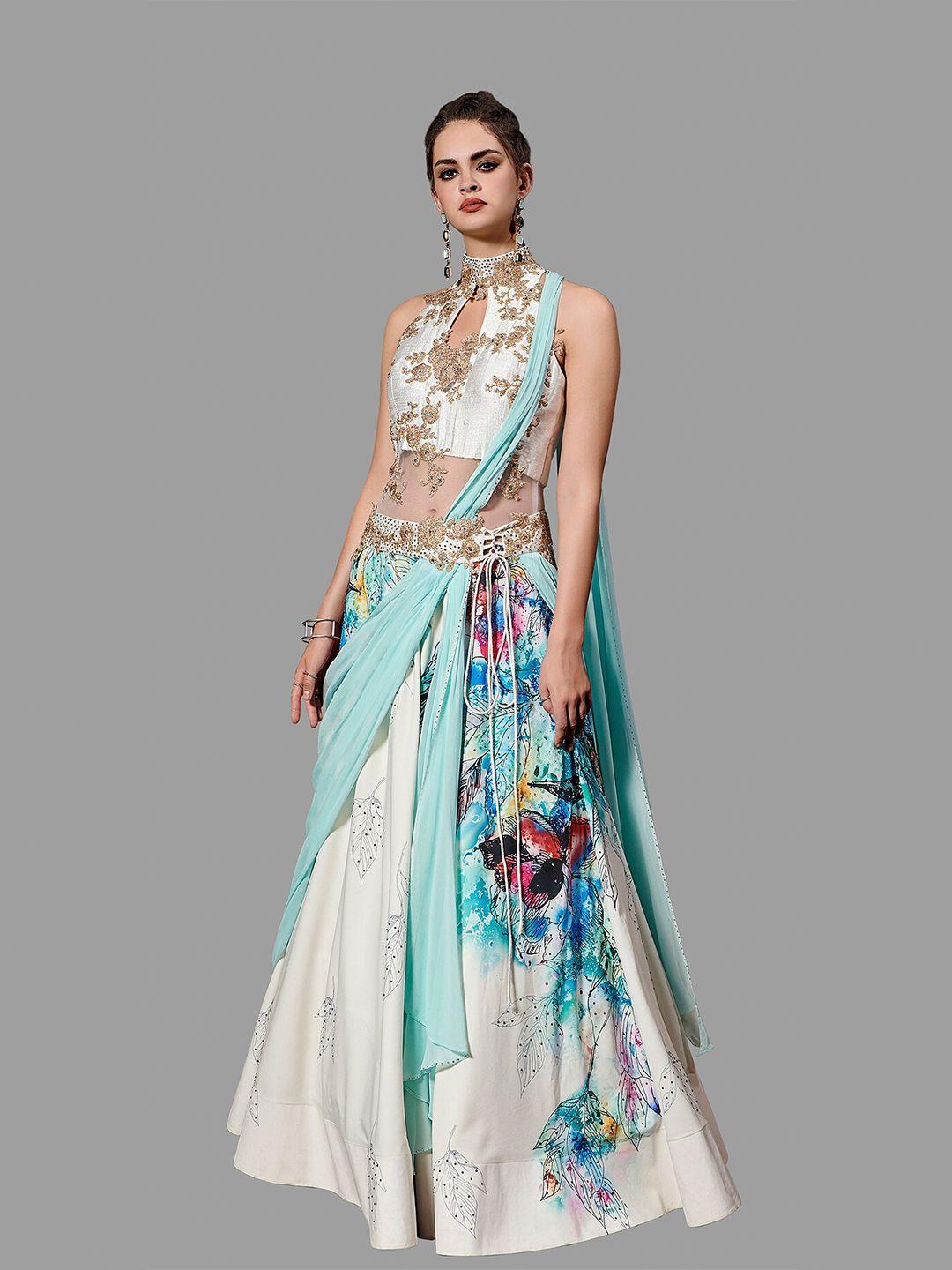 saptrangi blue floral scuba ethnic maxi dress