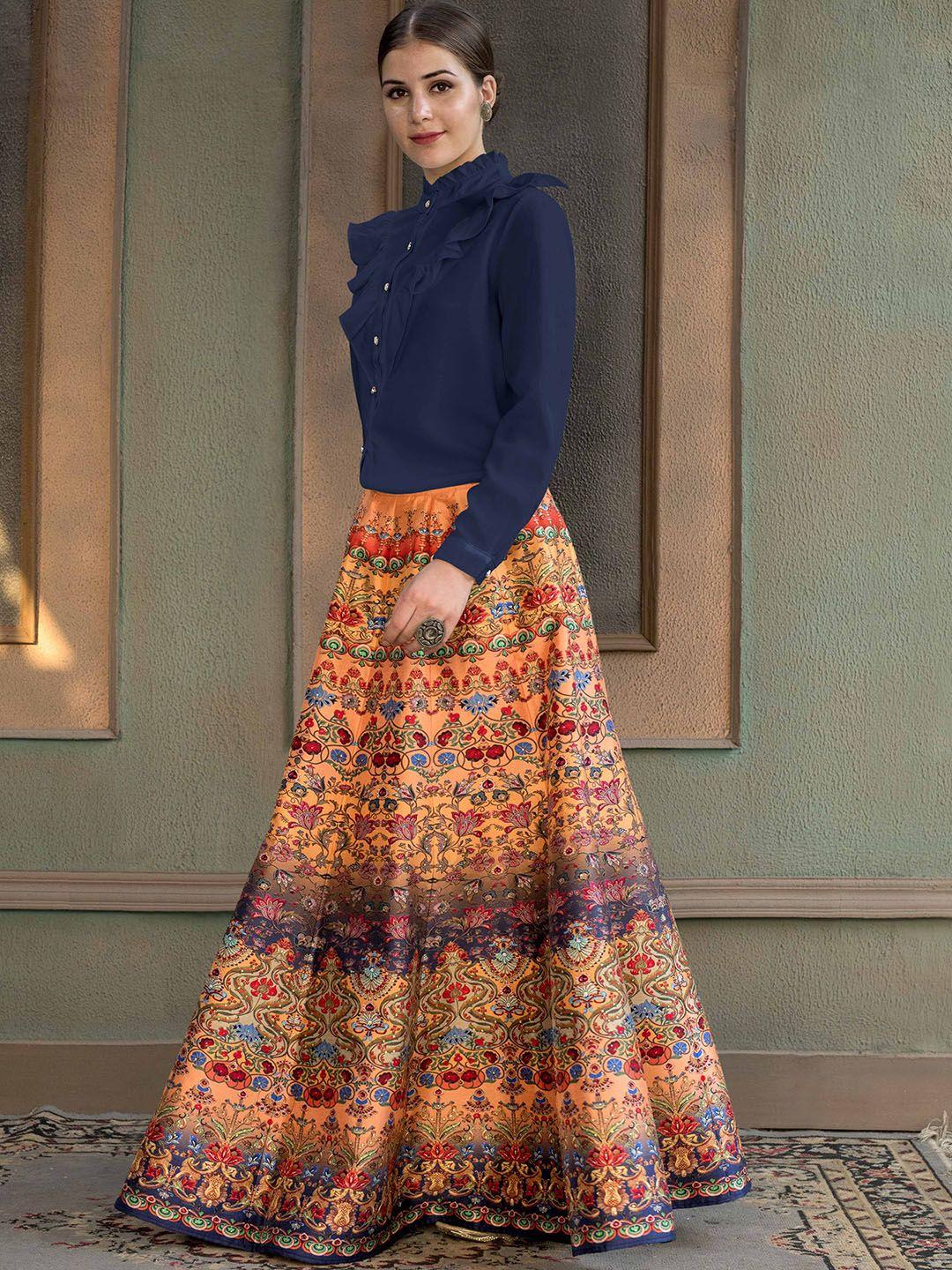 saptrangi floral printed flared maxi skirt