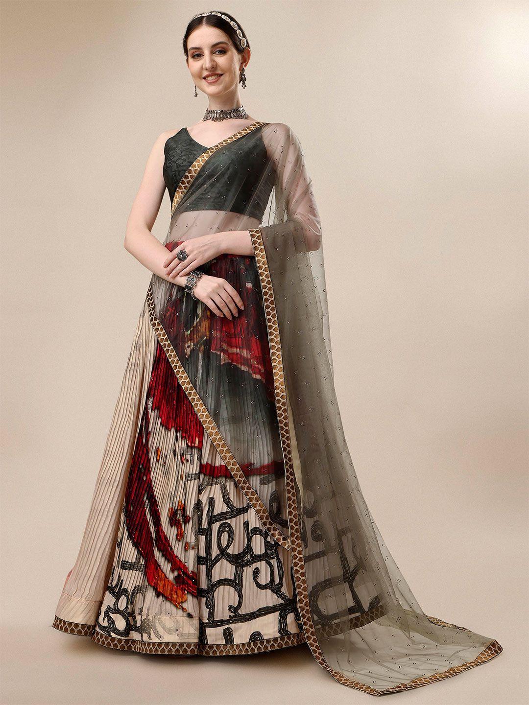 saptrangi brown & red printed ready to wear lehenga & blouse with dupatta