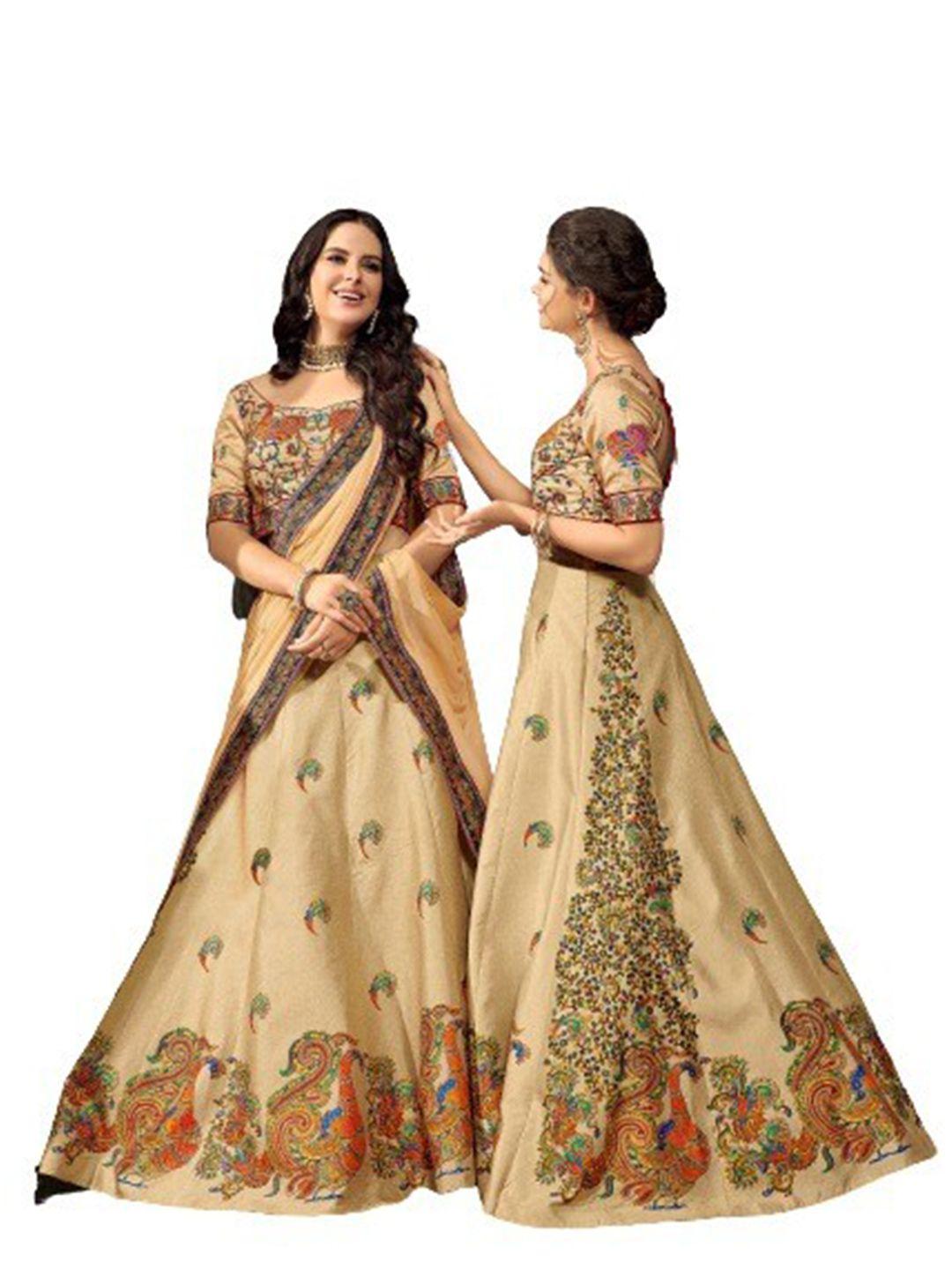 saptrangi camel brown & orange embroidered thread work semi-stitched lehenga & unstitched blouse with