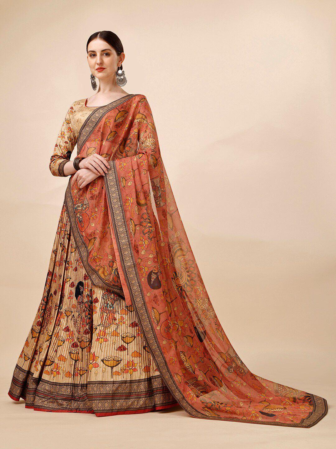 saptrangi cream-coloured & brown printed semi-stitched lehenga & unstitched blouse with dupatta