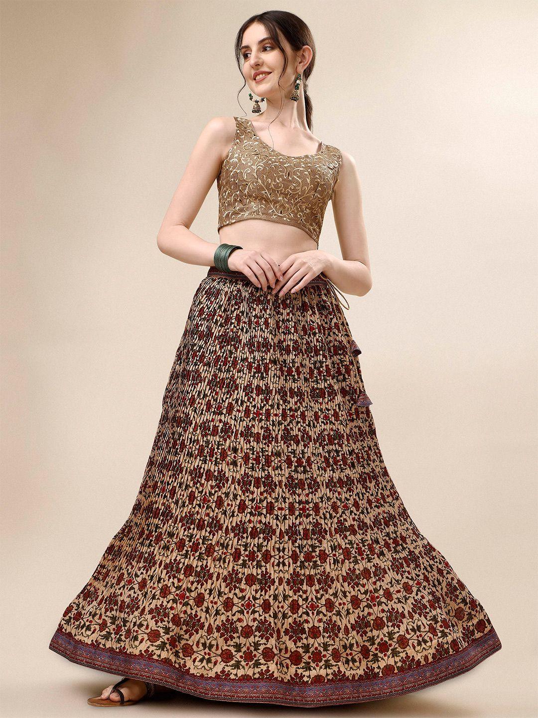 saptrangi cream-coloured & maroon embroidered semi-stitched lehenga & unstitched blouse with dupatta