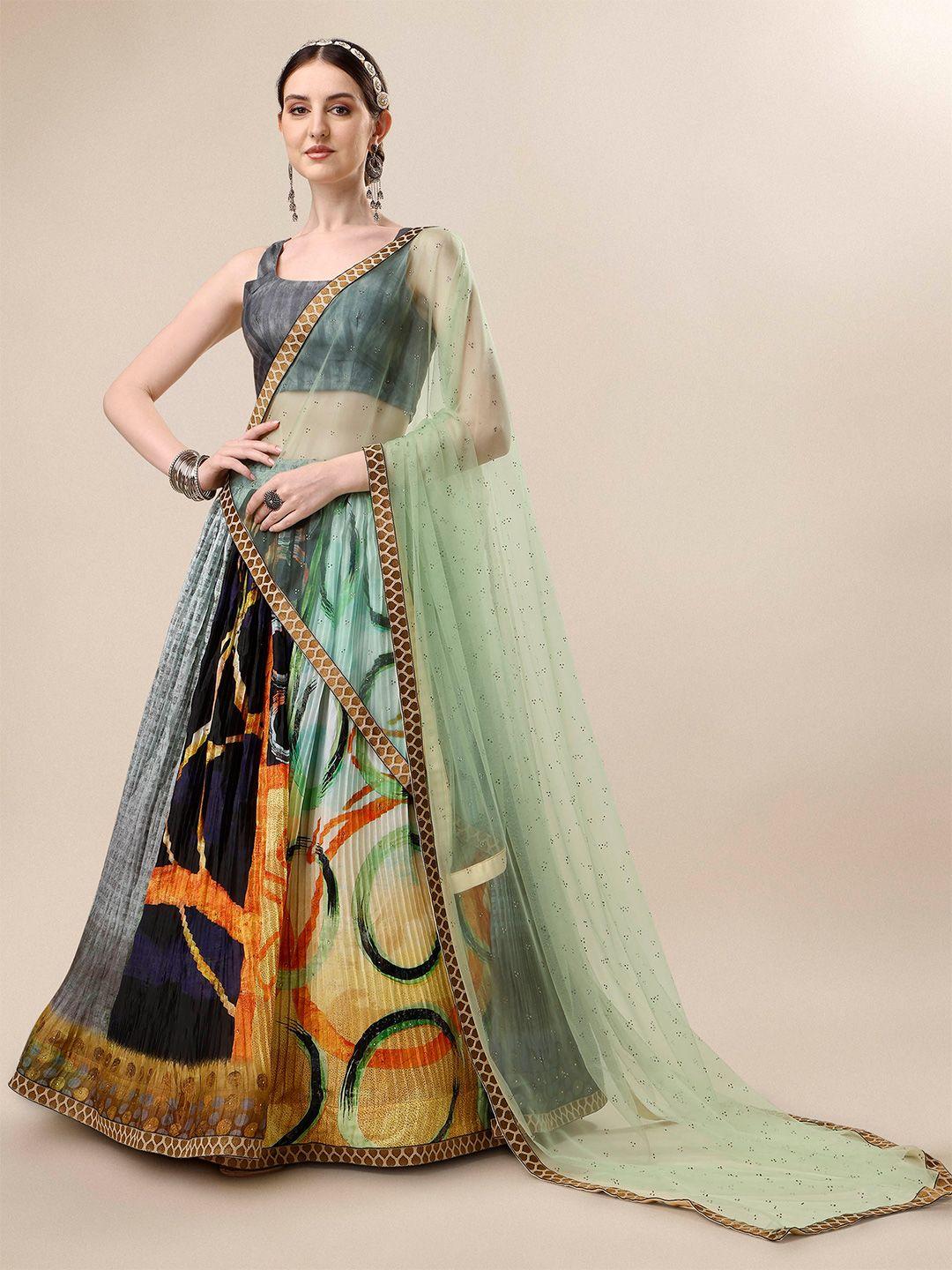 saptrangi grey & green printed semi-stitched lehenga & unstitched blouse with dupatta