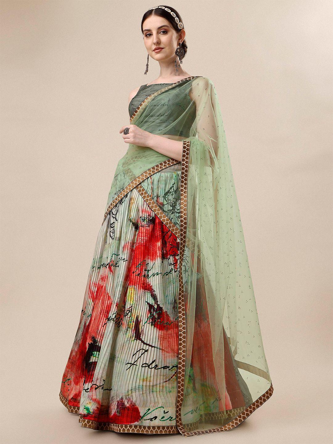 saptrangi grey & red printed semi-stitched lehenga & unstitched blouse with dupatta