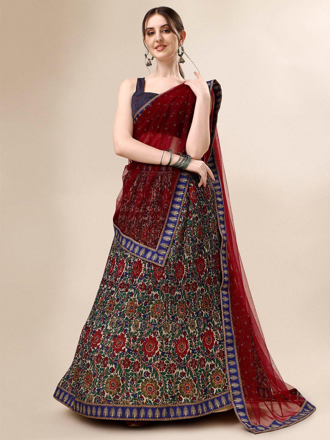 saptrangi maroon & green printed semi-stitched lehenga & unstitched blouse with dupatta