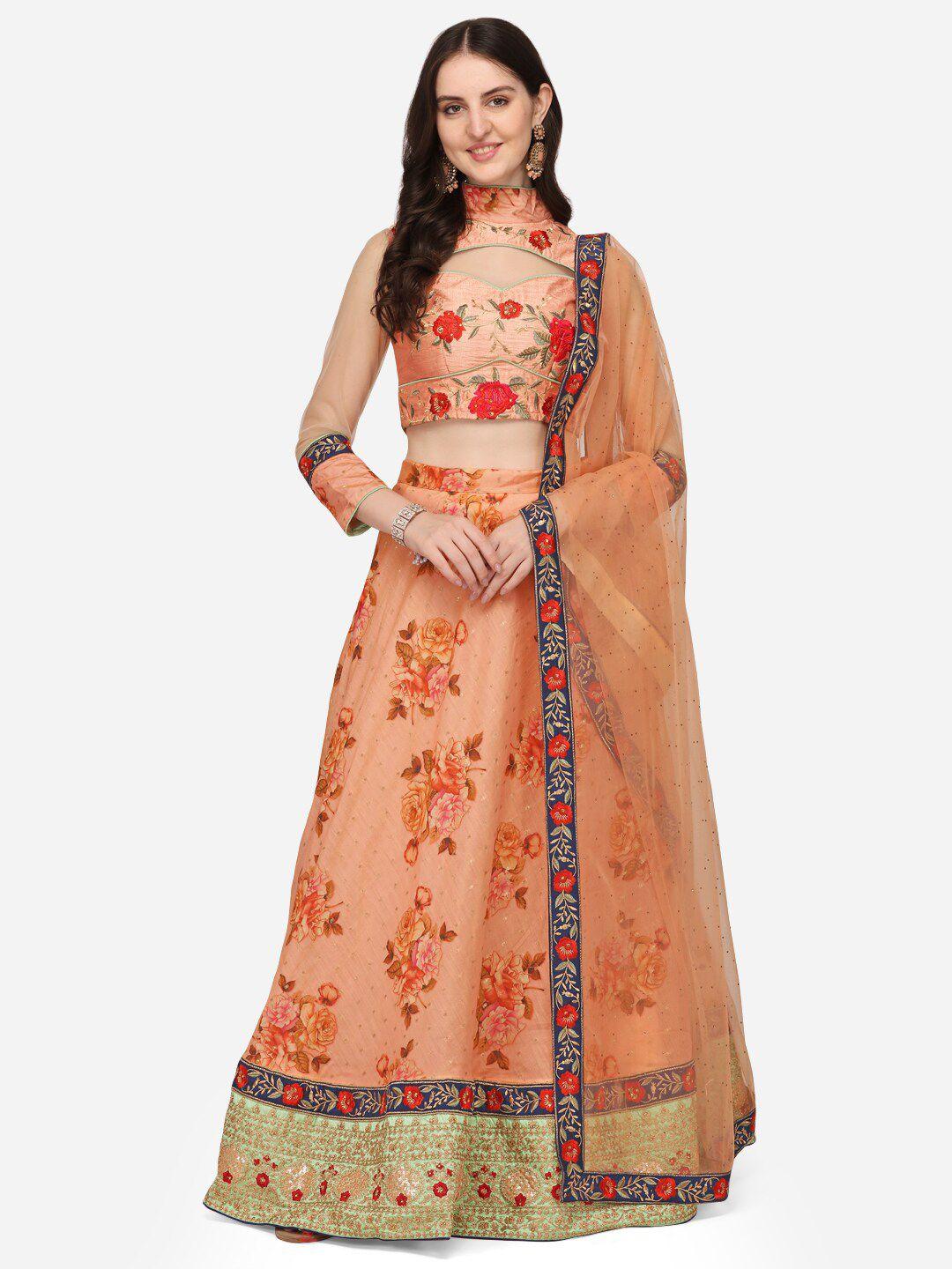 saptrangi peach-coloured & green embroidered semi-stitched lehenga & unstitched blouse with dupatta