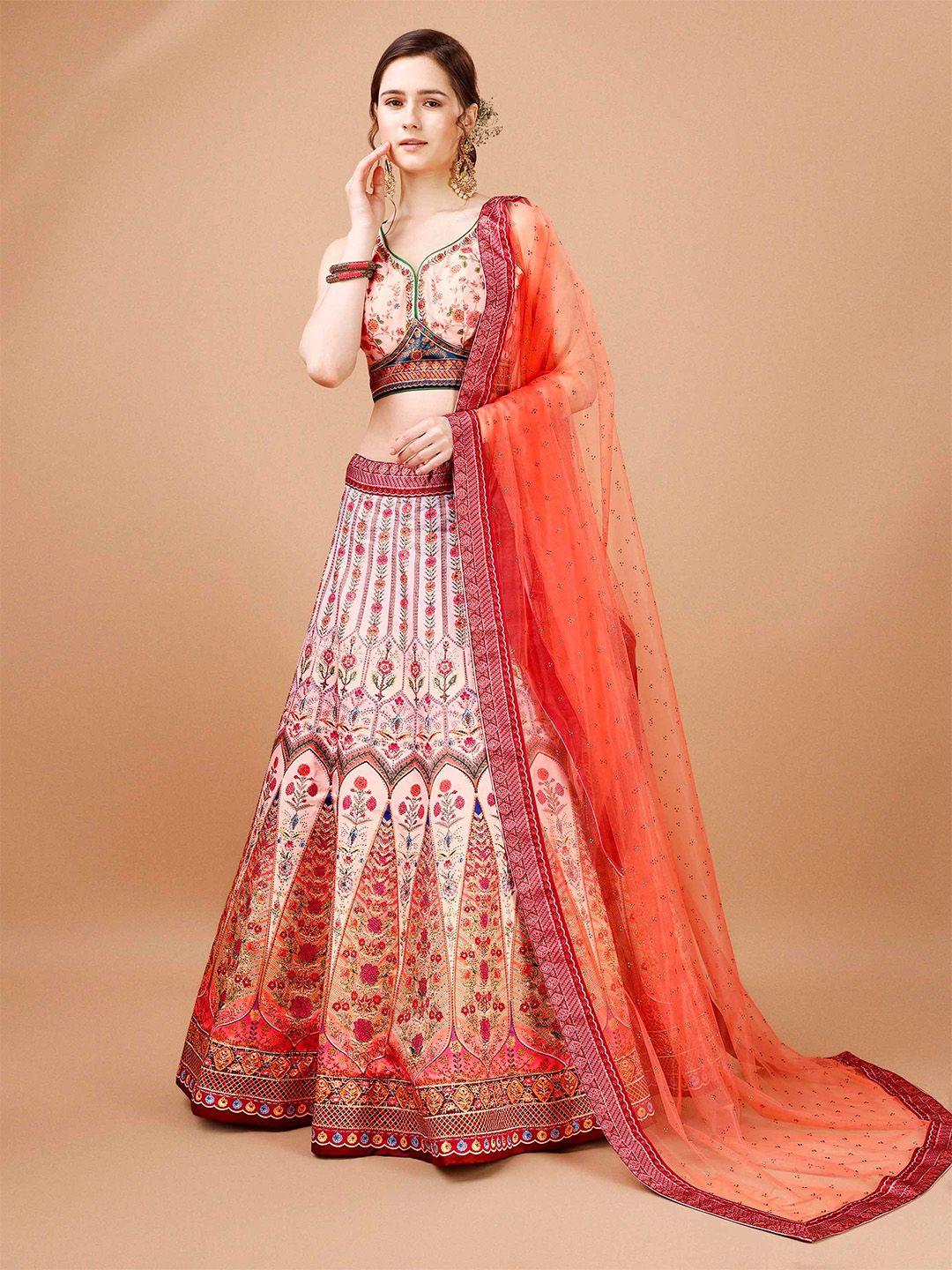 saptrangi peach-coloured printed ready to wear lehenga & blouse with dupatta