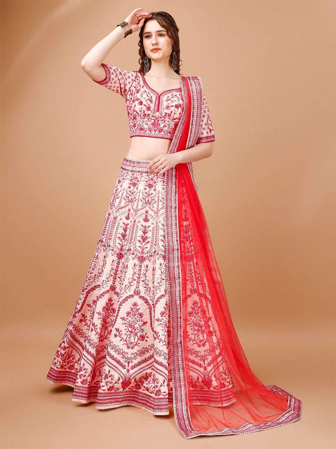 saptrangi peach-coloured printed ready to wear lehenga & blouse with dupatta