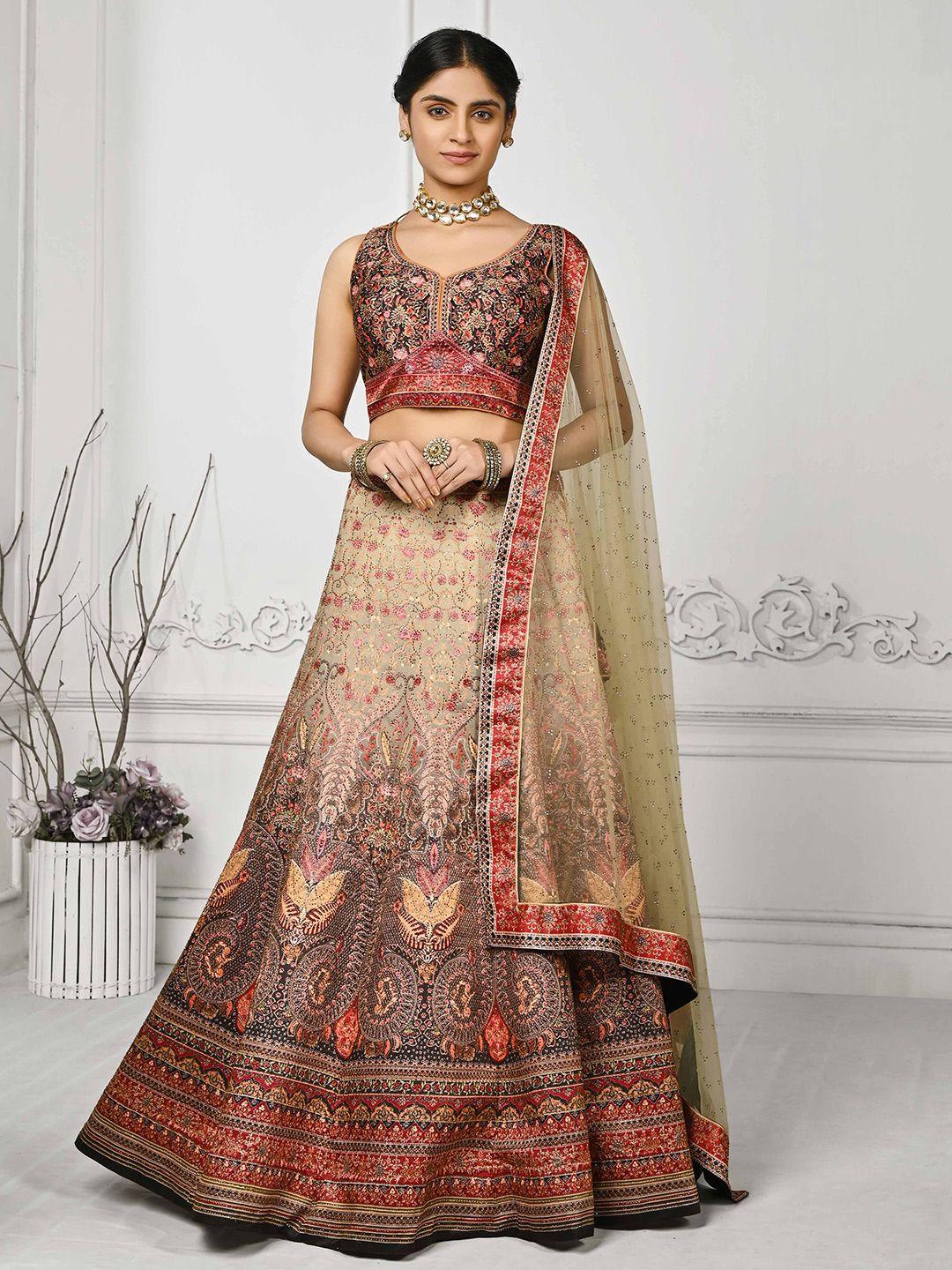 saptrangi printed beads and stones semi-stitched lehenga & unstitched blouse with dupatta