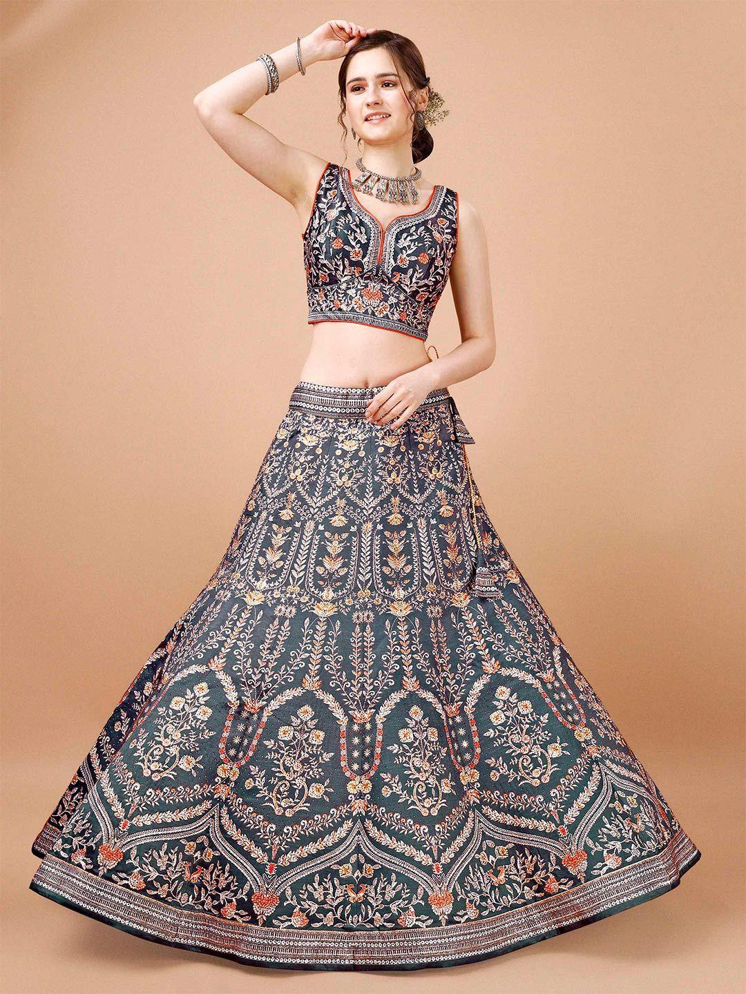 saptrangi teal & red printed sequinned ready to wear lehenga & blouse with dupatta