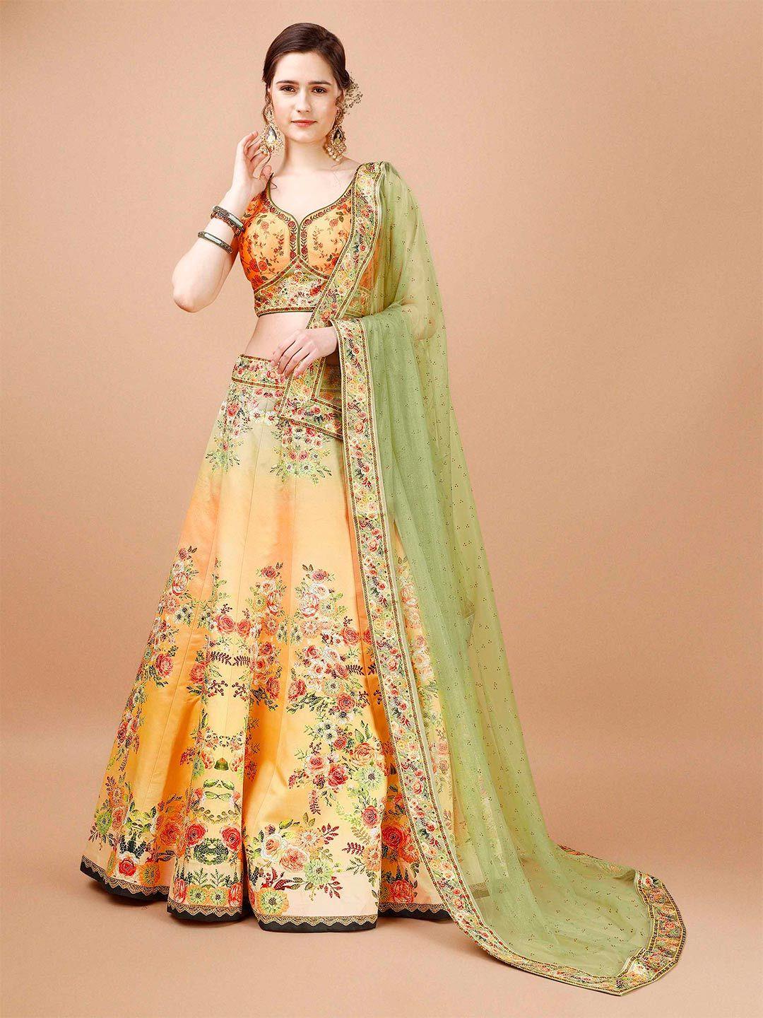 saptrangi yellow & green printed ready to wear lehenga & blouse with dupatta