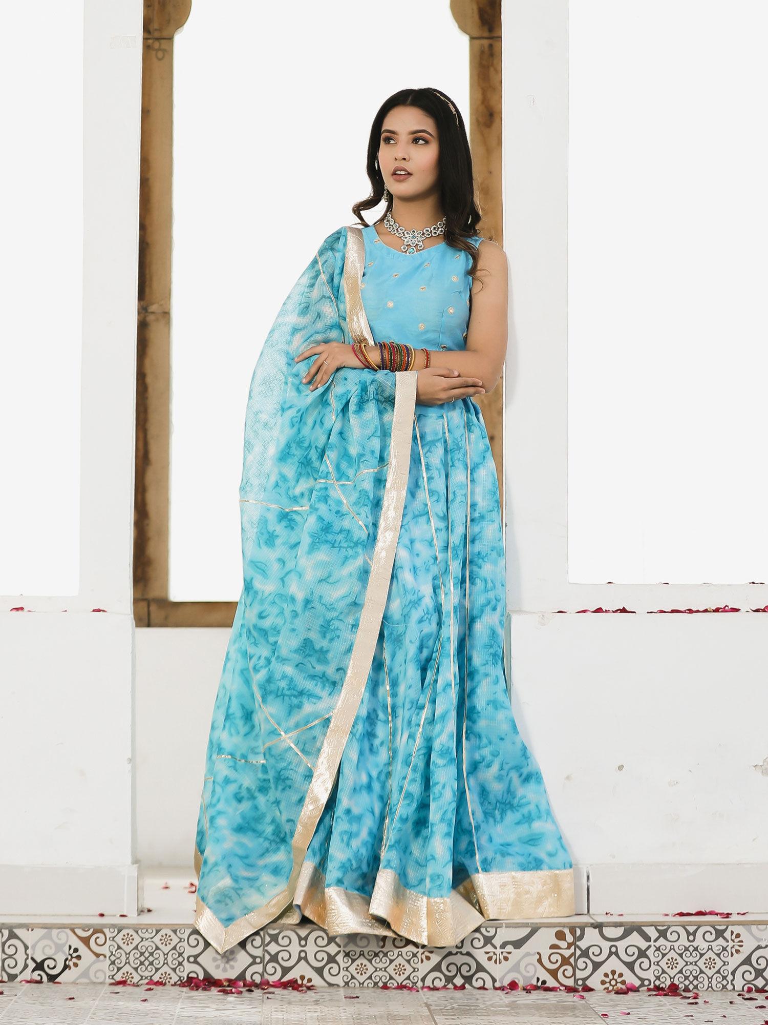 sara blue tie dye lehenga and blouse piece with dupatta (set of 3)