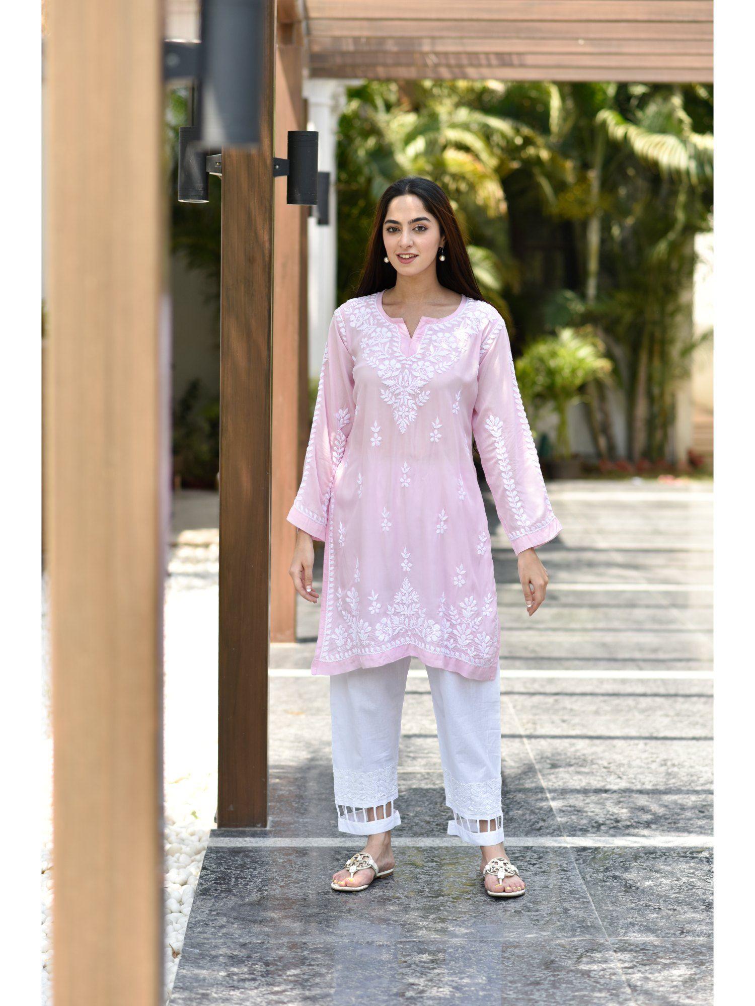 sara chikankari pink modal straight kurta