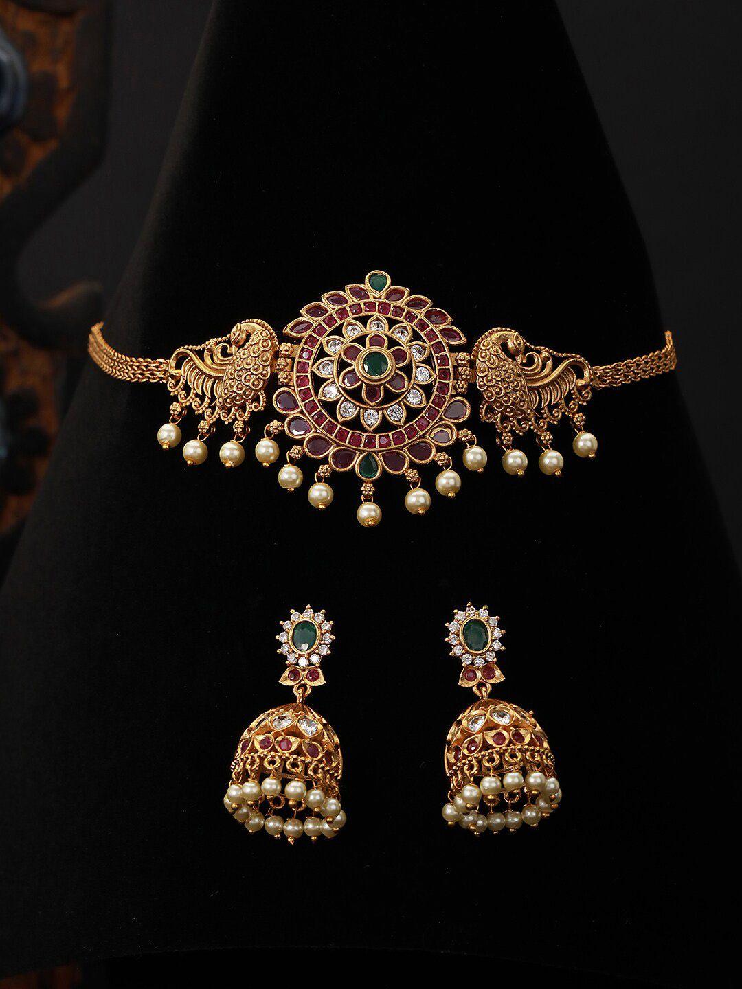 saraf rs jewellery gold-plated cz studded & beaded jewellery set