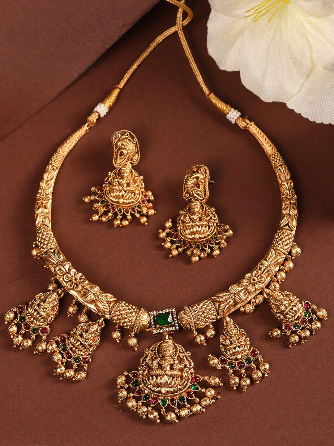 saraf rs jewellery gold-plated cz-studded & beaded temple necklace and earrings