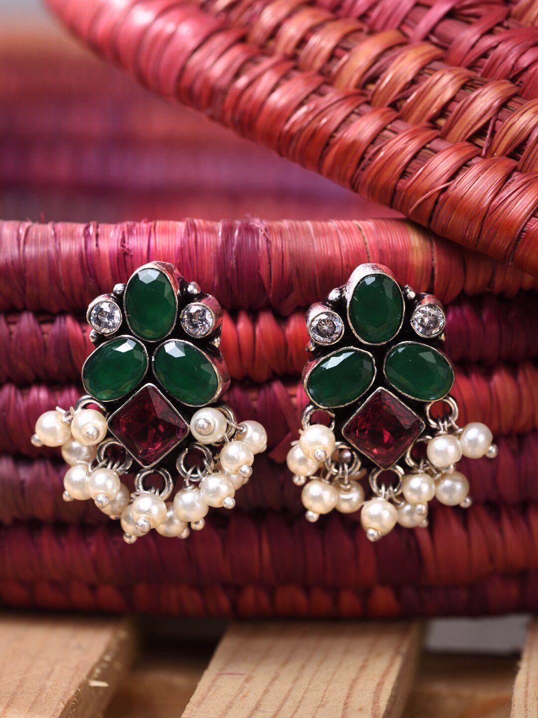 saraf rs jewellery green & red silver plated contemporary drop earrings