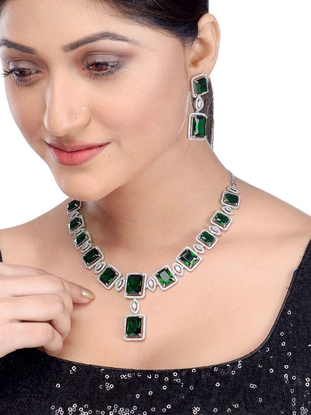 saraf rs jewellery green & silver-plated ad studded handcrafted jewellery set