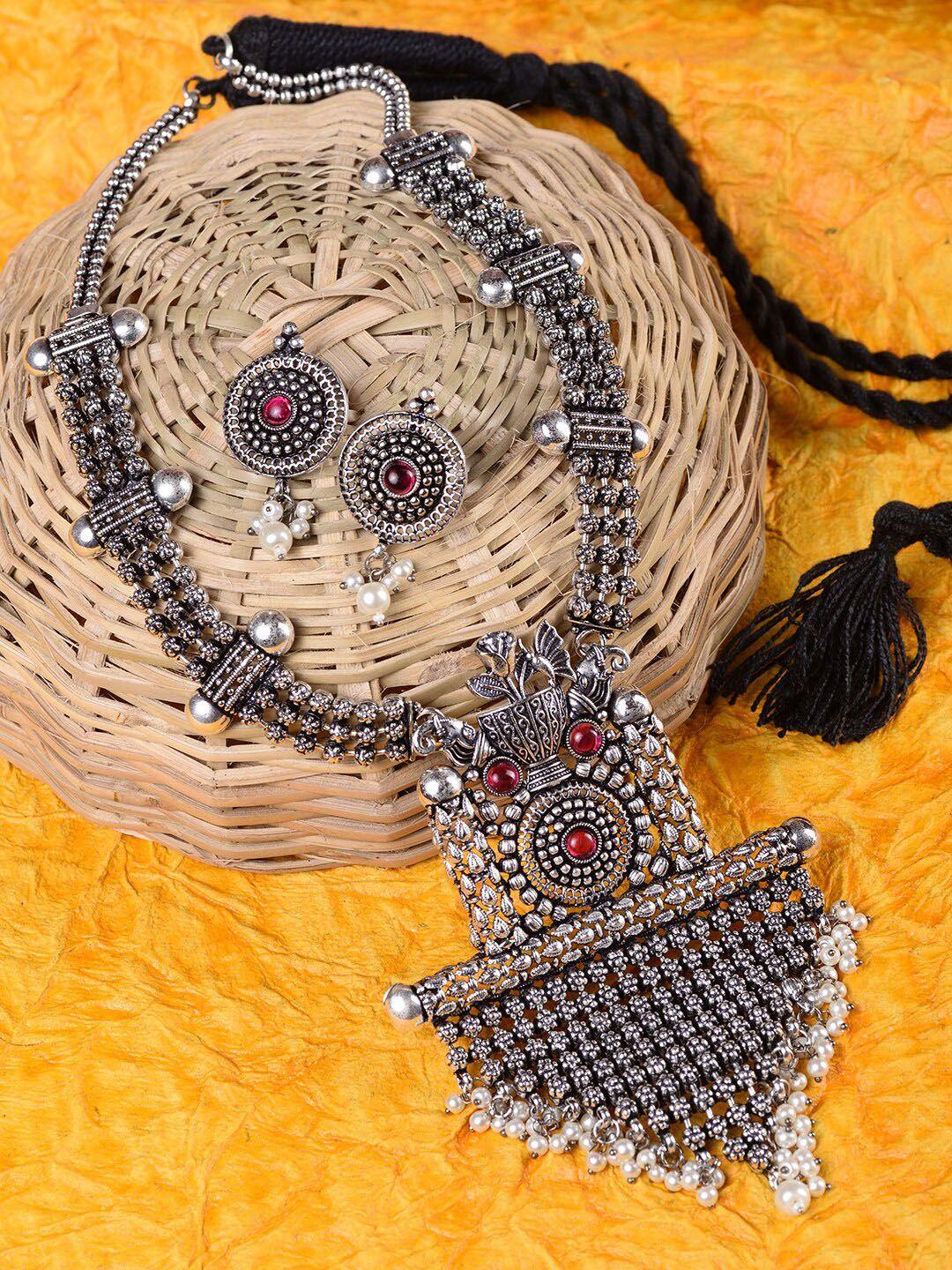 saraf rs jewellery oxidised silver-plated red stone-studded pearl-beaded tribal jewellery set