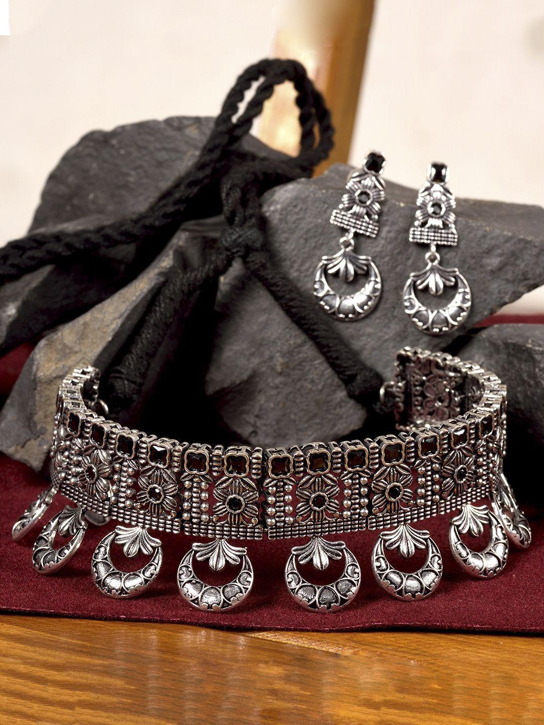 saraf rs jewellery oxidised silver-toned & black stone-studded tribal jewellery set