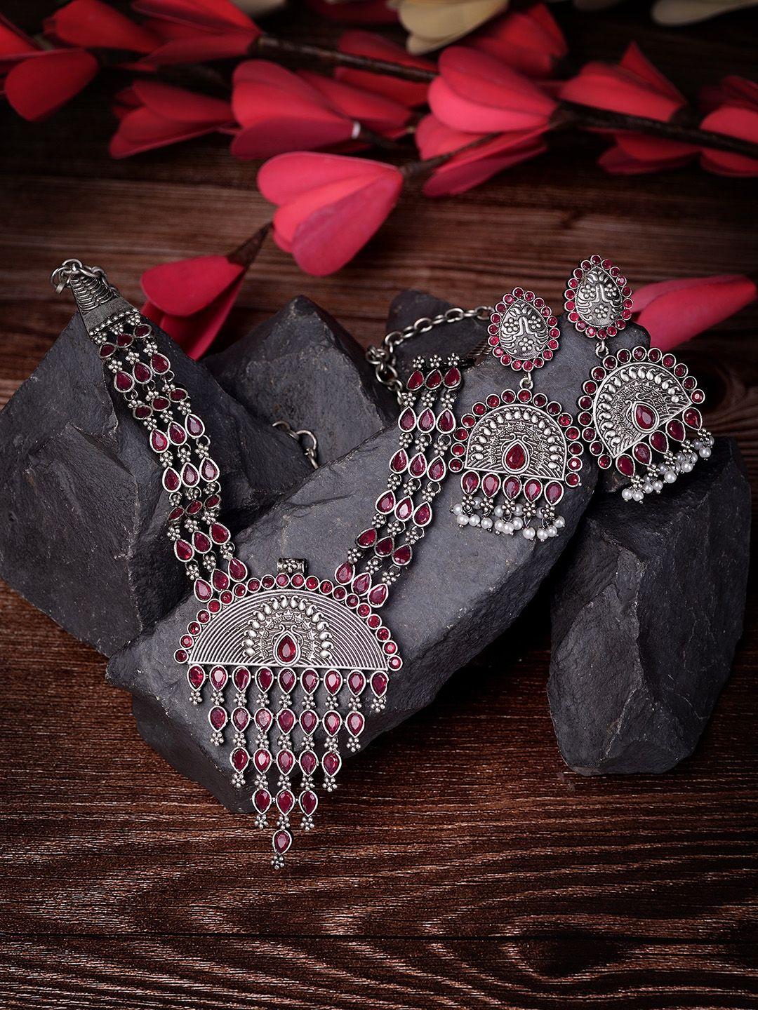saraf rs jewellery oxidised silver-toned & red stone-studded tribal jewellery set