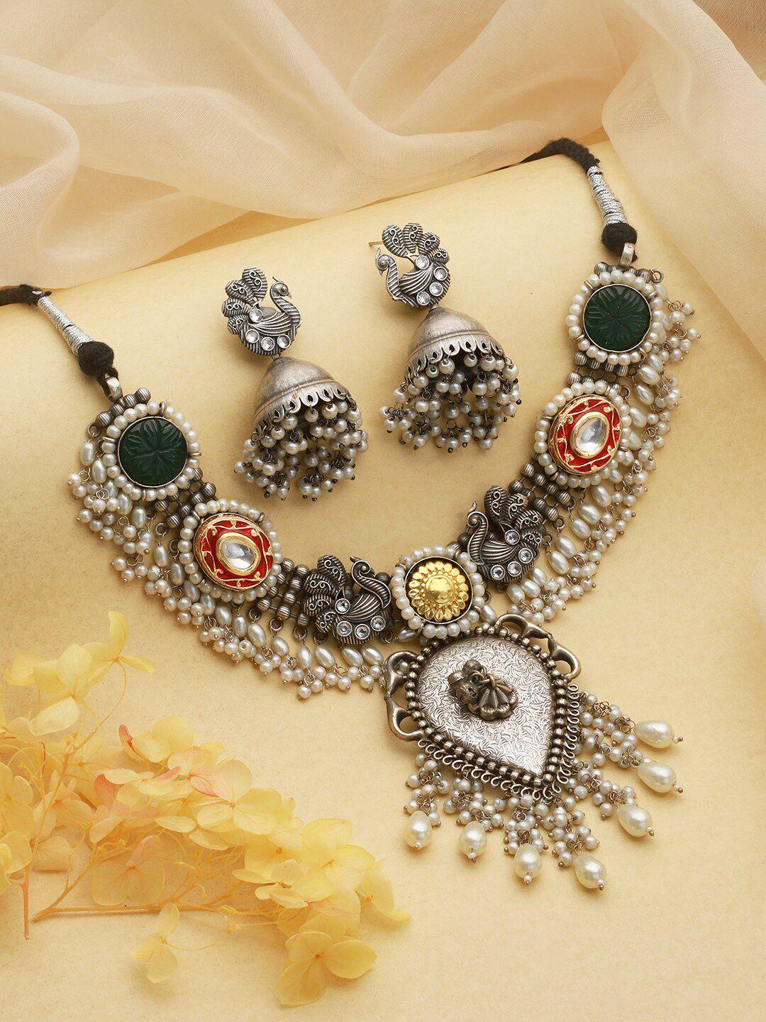 saraf rs jewellery rhodium-plated ad-studded & pearl beaded jewellery set