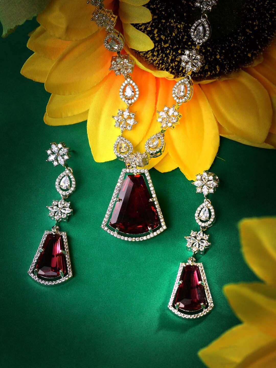 saraf rs jewellery rhodium-plated silver-toned white & red ad-studded jewellery set