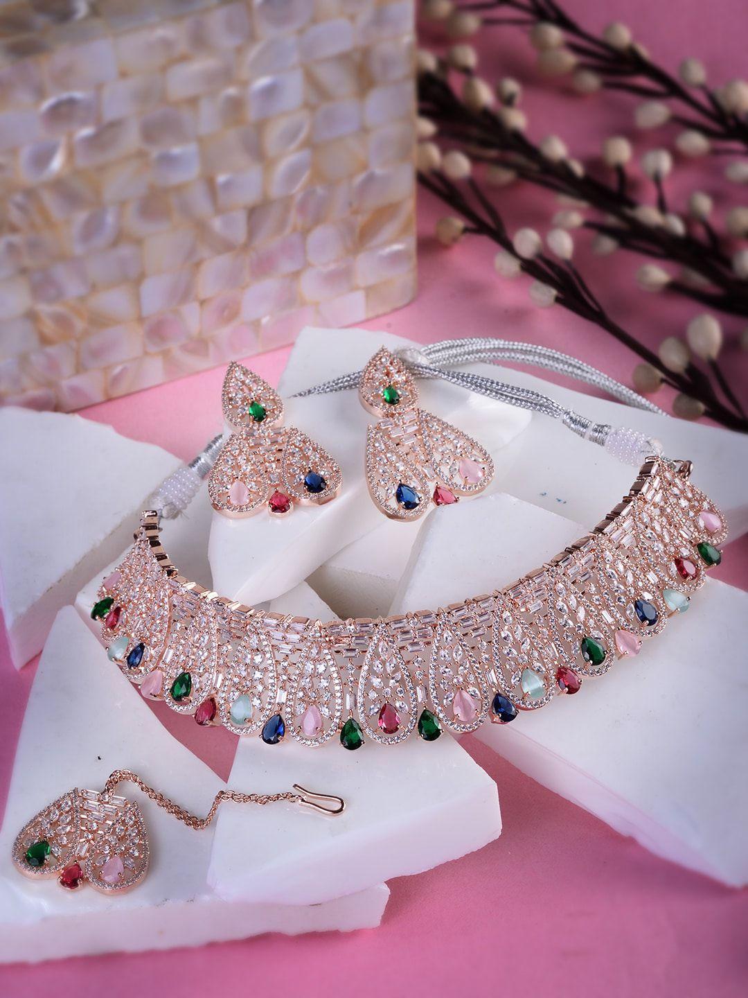 saraf rs jewellery rose gold-plated white & green ad-studded jewellery set