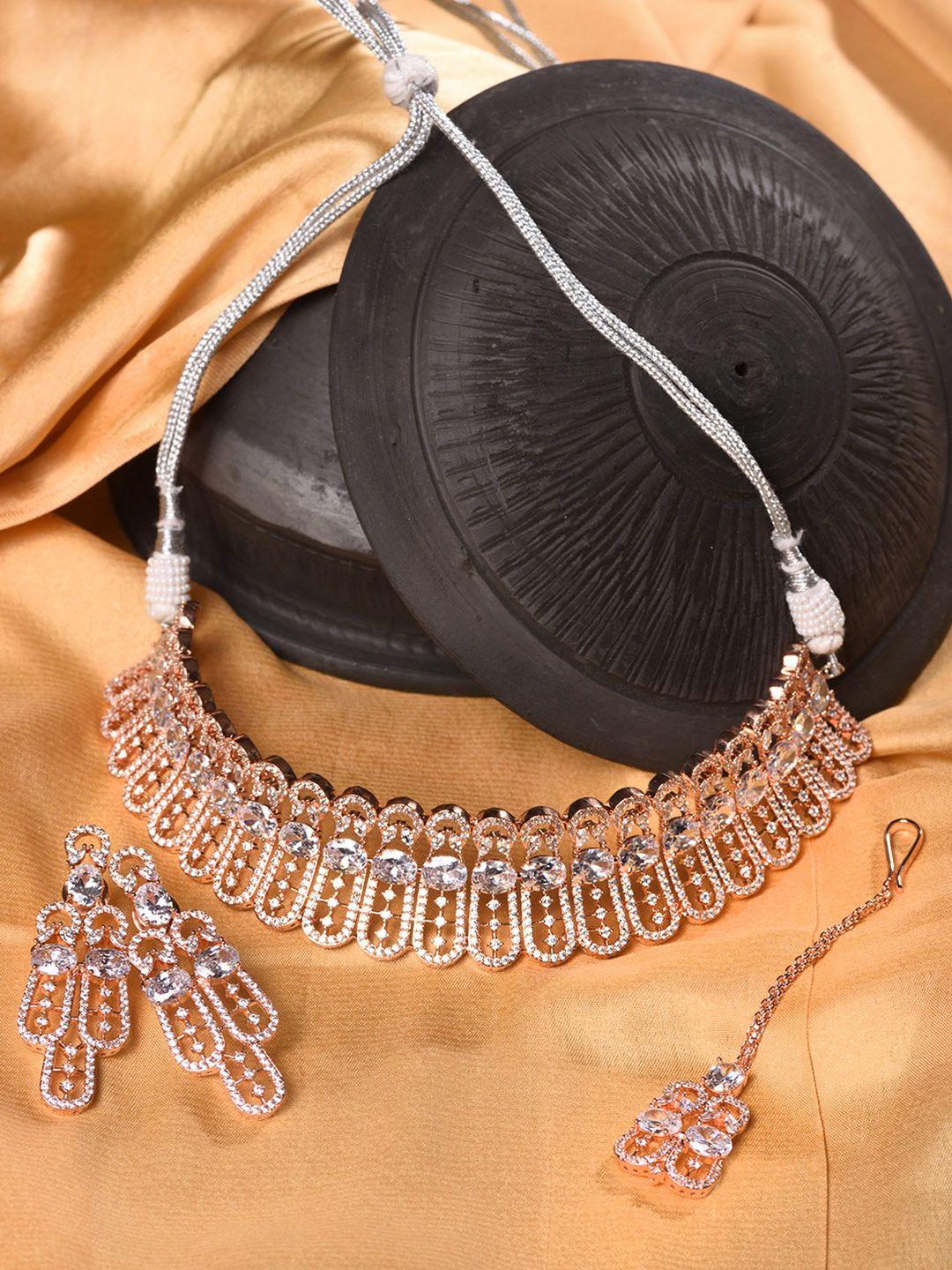 saraf rs jewellery rose gold-plated white ad studded jewellery set with maang tika