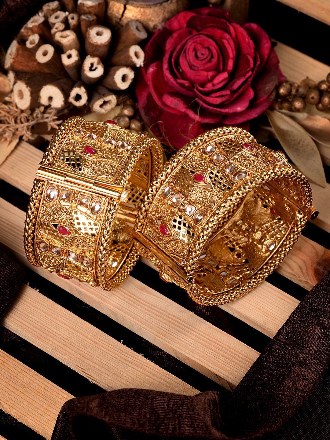 saraf rs jewellery set of 2 gold-plated red & beige stone studded handcrafted bangle