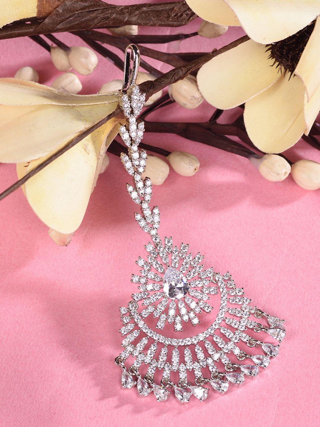saraf rs jewellery silver-plated white ad & cz-studded handcrafted maang tikka