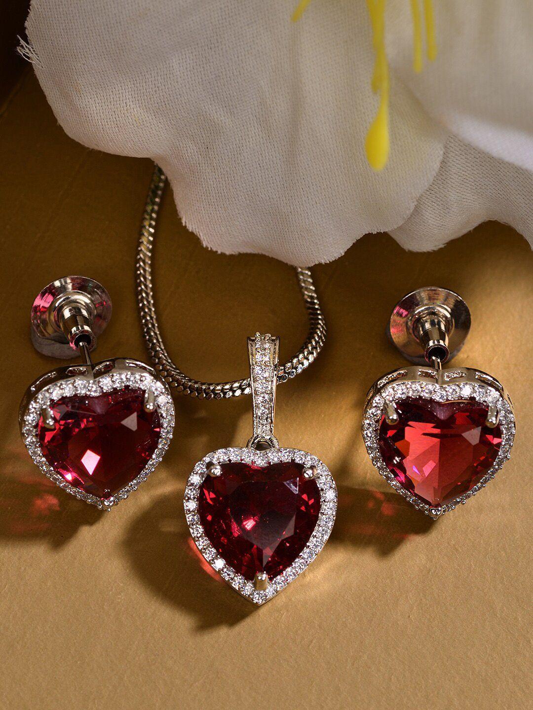 saraf rs jewellery women silver-plated ad-studded heart shaped pendant and earrings