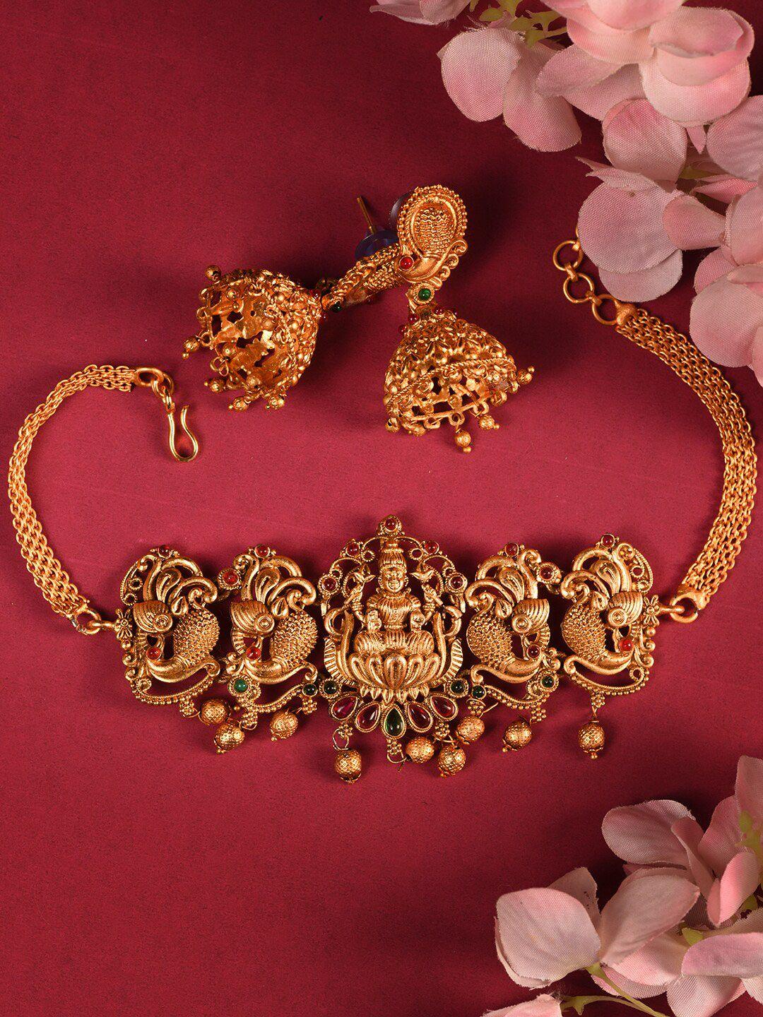 saraf rs jewellery gold-plated ad studded & beaded temple necklace and earrings