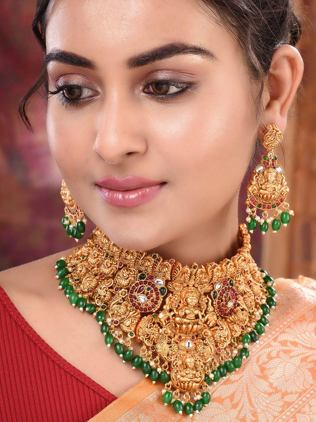 saraf rs jewellery gold-plated green & pink kundan studded jewellery set