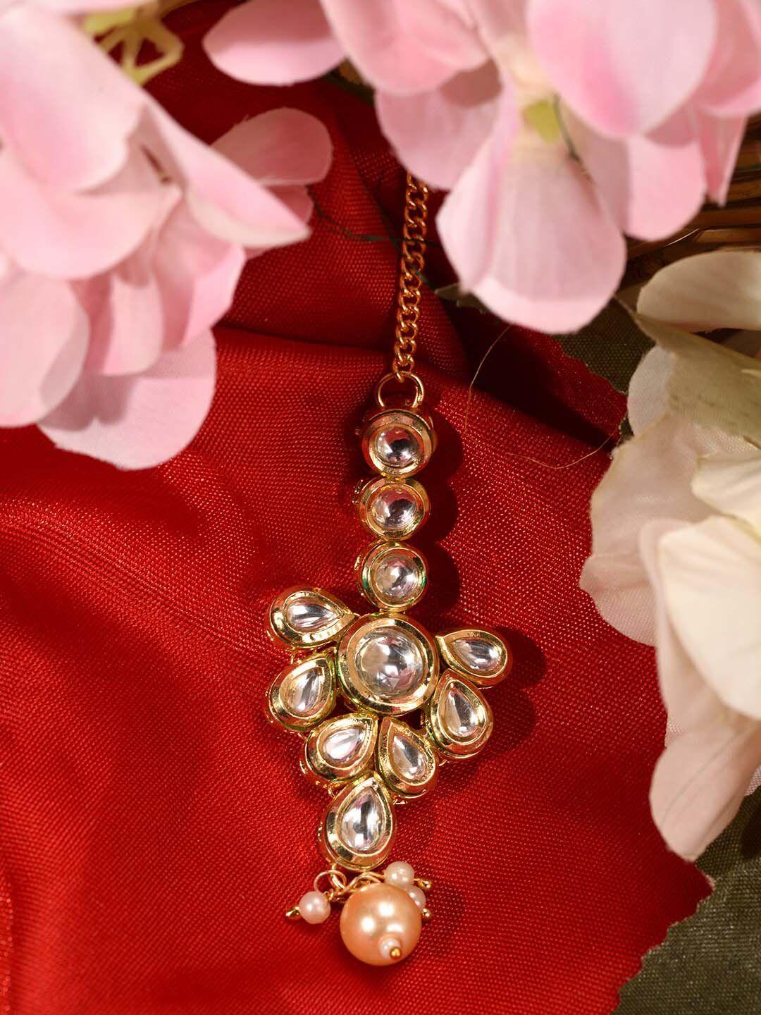 saraf rs jewellery gold-plated kundan stones & pearls studded maangtika