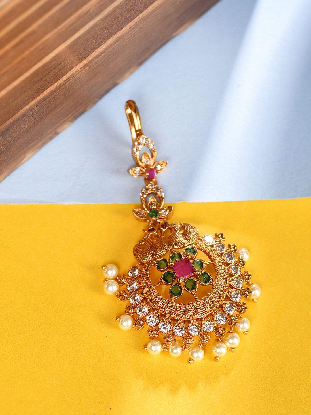 saraf rs jewellery gold-plated red & green ad studded handcrafted maang tikka