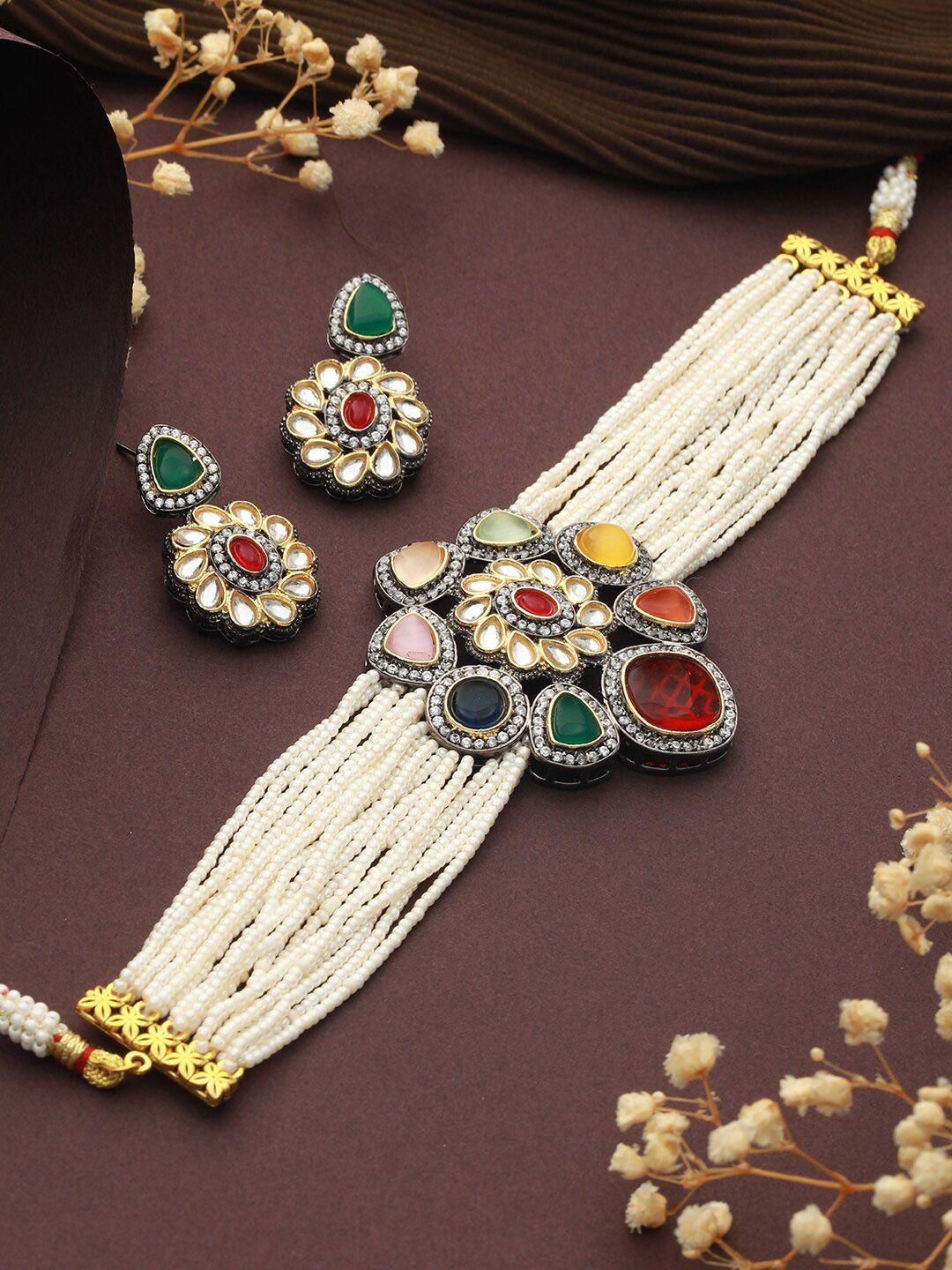 saraf rs jewellery gold-plated stone-studded necklace & earrings set