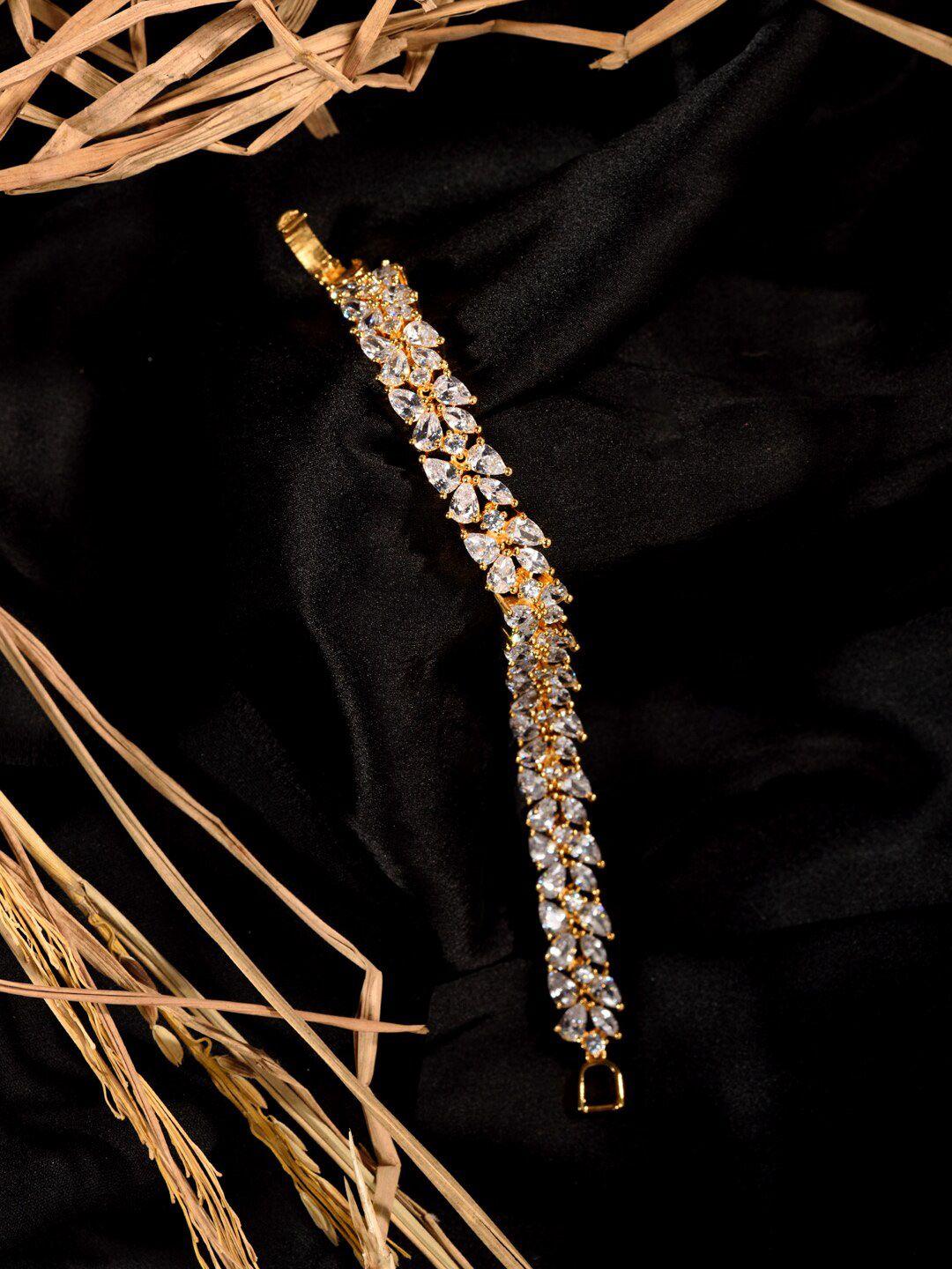 saraf rs jewellery gold-toned & white american diamond studded leaf designed bracelet
