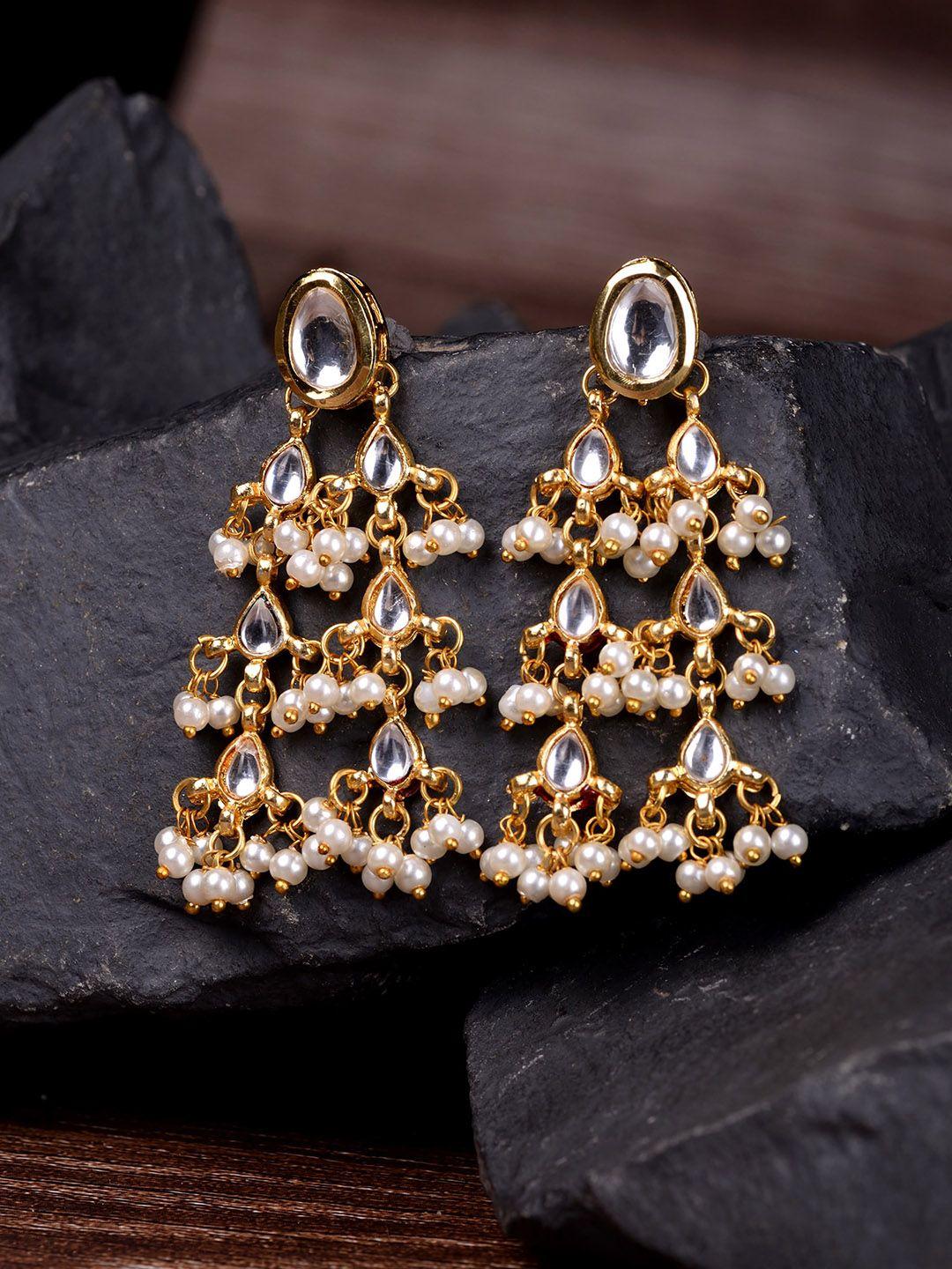 saraf rs jewellery gold-toned & white teardrop shaped drop earrings