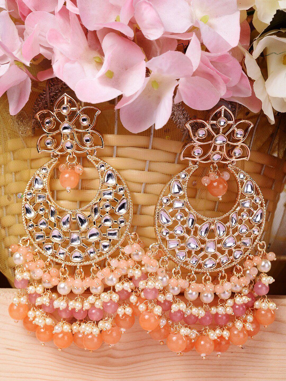 saraf rs jewellery orange & gold plated kundan studded contemporary chandbalis earrings