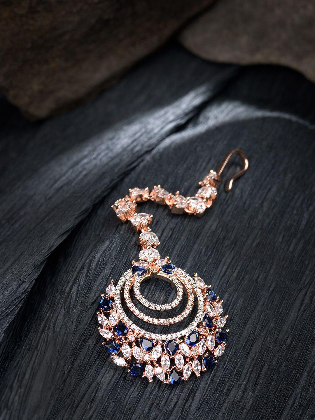 saraf rs jewellery rose-gold-plated blue & white american-diamond-studded handcrafted maang tika