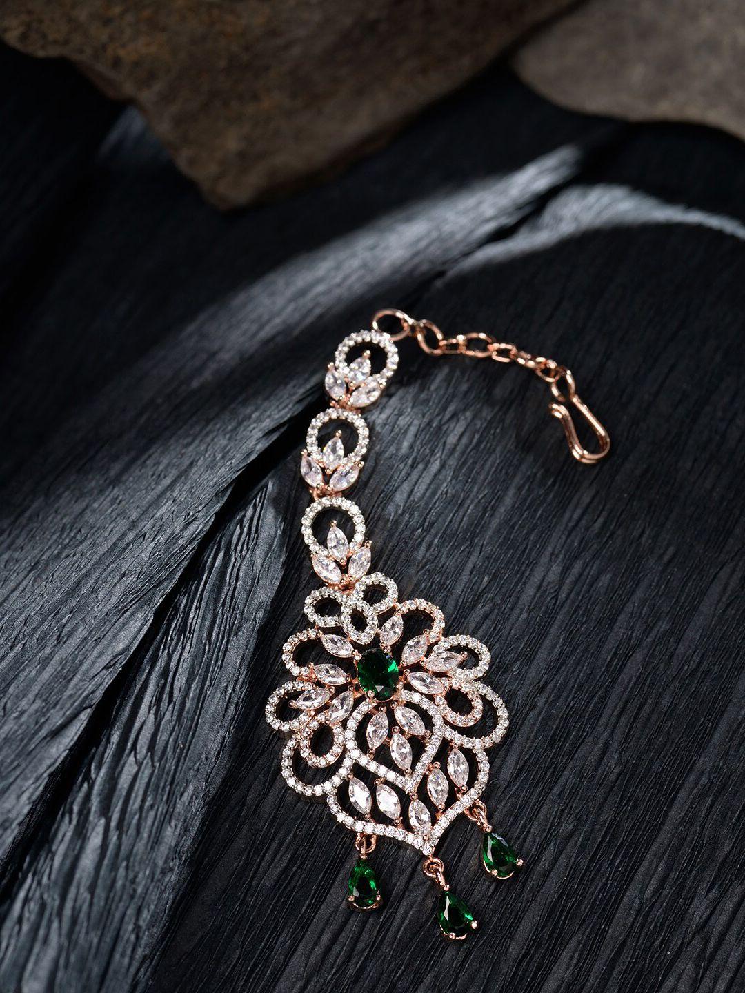 saraf rs jewellery rose-gold-plated green ad studded handcrafted maang tika