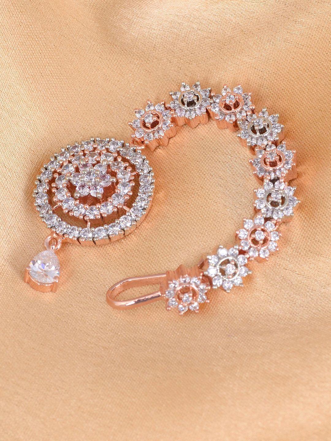 saraf rs jewellery rose gold-plated white ad & cz-studded handcrafted jadau maang tikka