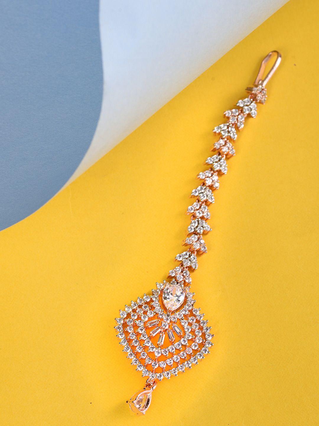 saraf rs jewellery rose gold-plated white cz & ad-studded handcrafted maang tikka