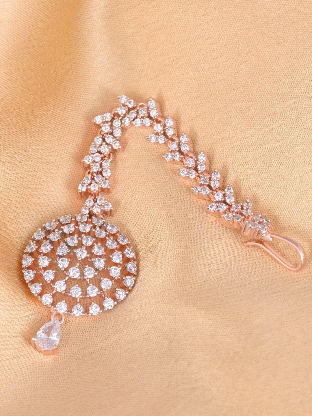 saraf rs jewellery rose gold-plated white cz & ad-studded handcrafted maang tikka