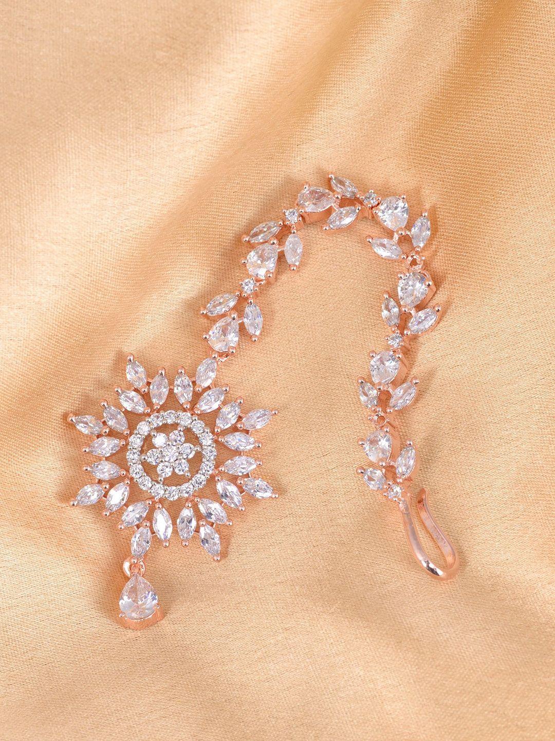 saraf rs jewellery rose gold-plated white cz & ad-studded handcrafted maang tikka